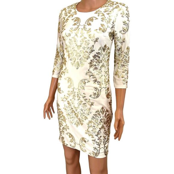 B.Darlin Dress Ivory W/Gold Sequins Lined Cut Out Back Body Con Size 7/8 - Picture 2 of 11